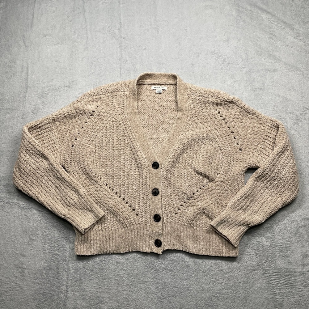 American Eagle Cardigan Sweater Women XS Tan Chenille Pointelle Button Front